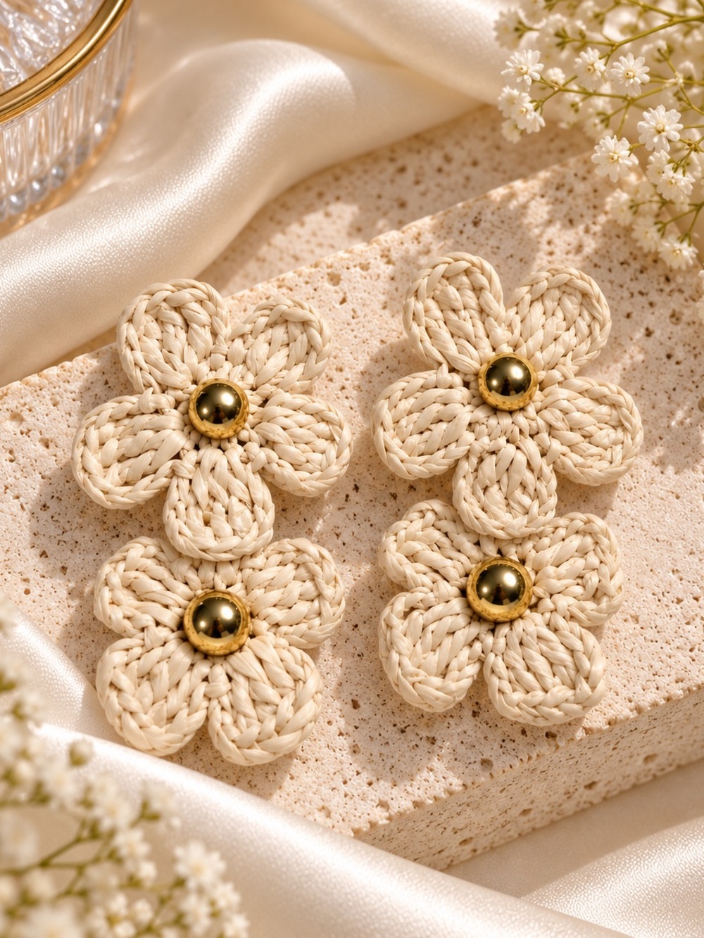 Handcrafted Cream Floral Statement Earrings with Gold Accent